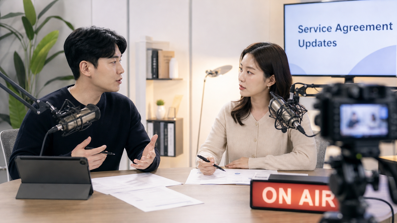 한국 성인들이 밝은 스튜디오에서 최신 스트리밍 장비를 사용하며 서비스 약관 변경에 대해 토론하는 모습