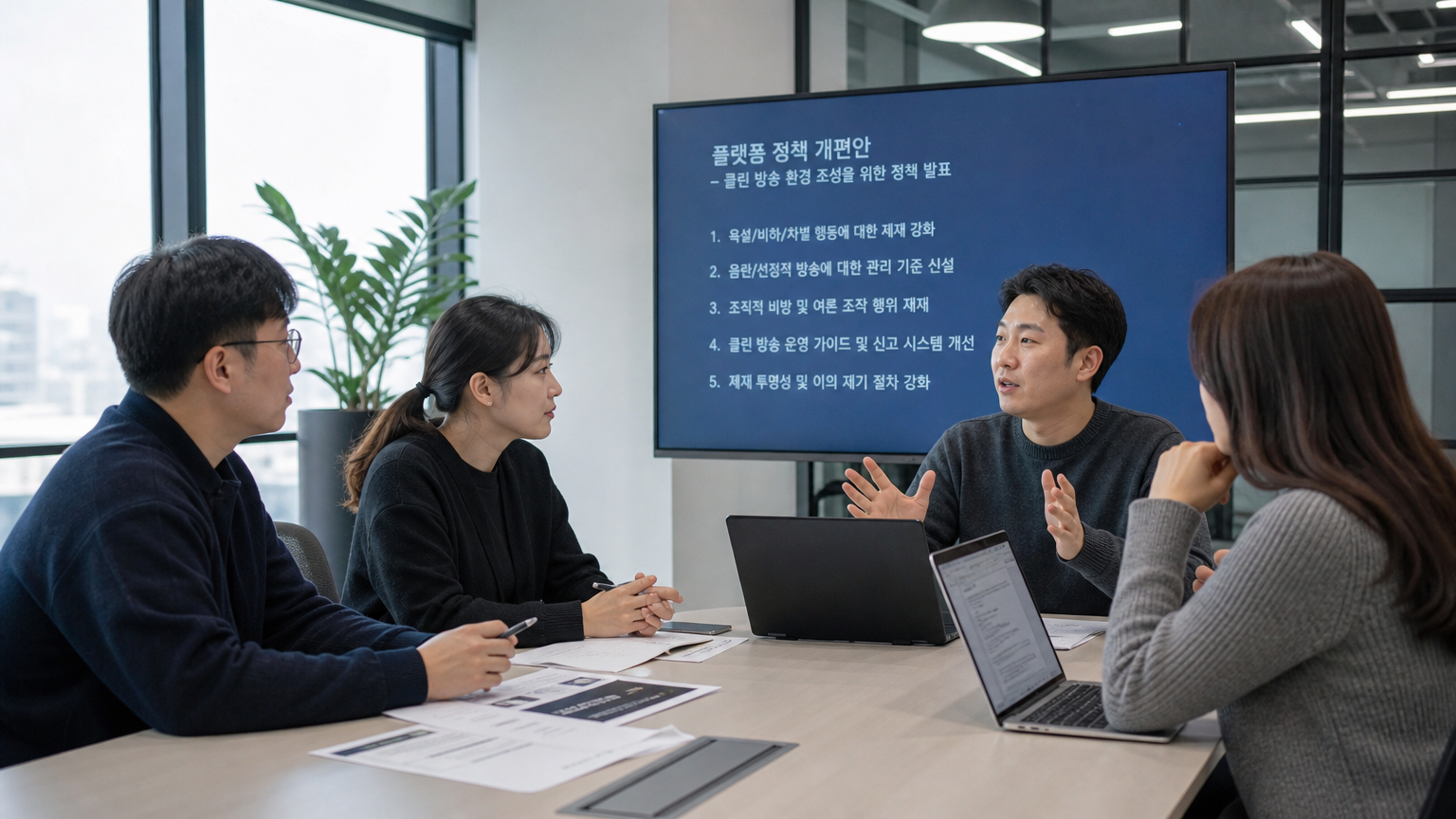 깨끗한 방송 환경을 위한 플랫폼 정책 변화를 논의하는 현대적 사무실 공간의 한국 전문가들