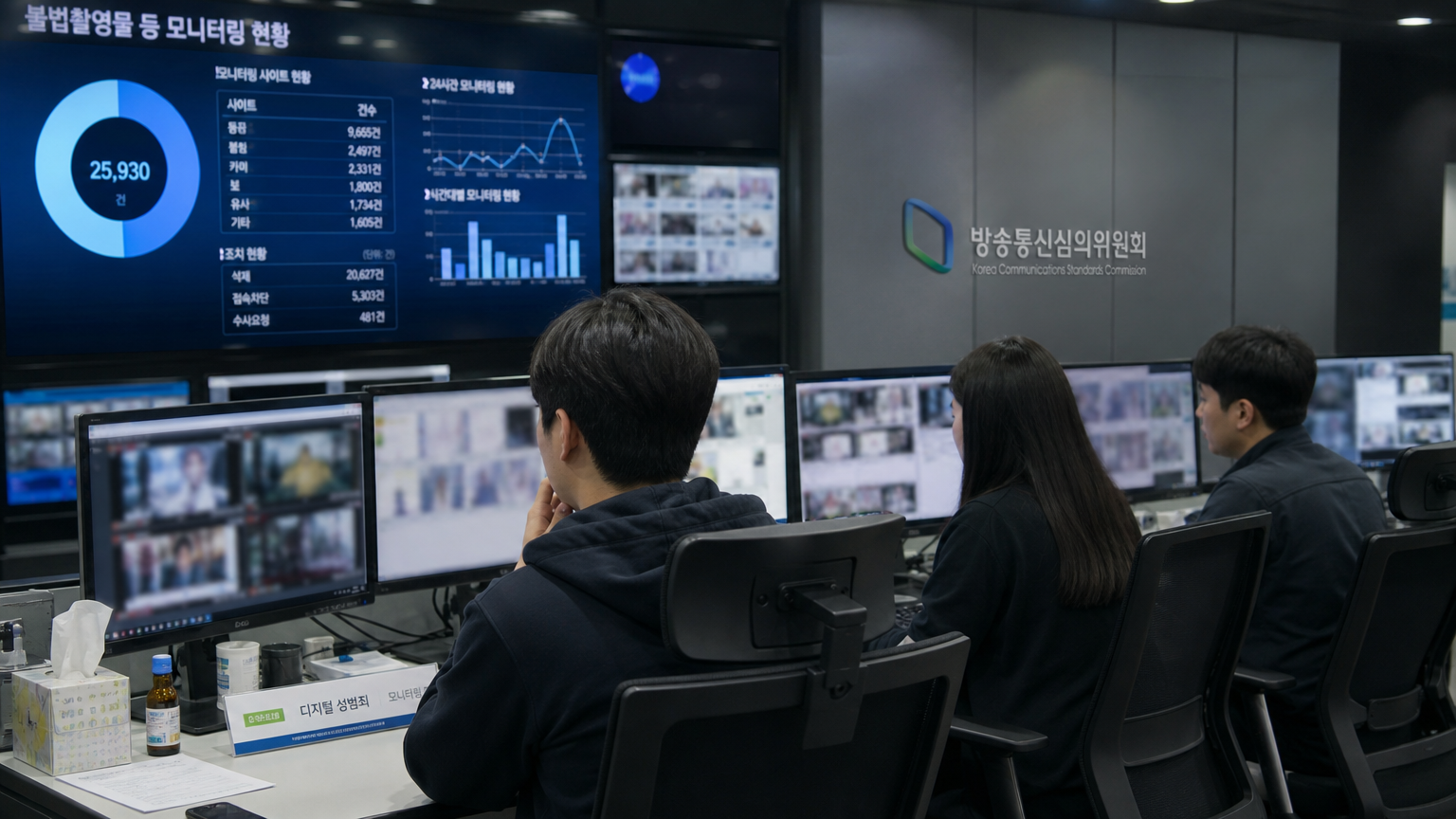 첨단 통제실에서 불법 콘텐츠를 모니터링하는 한국 콘텐츠 조정 팀의 집중된 모습