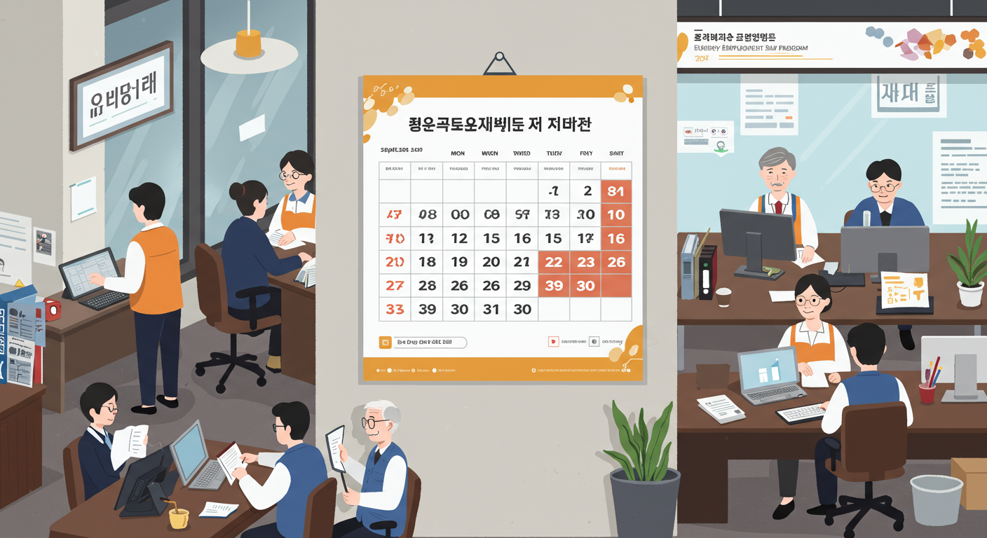 바쁜 한국 사무실 벽에 걸린 달력에 표시된 중요한 신청 날짜
