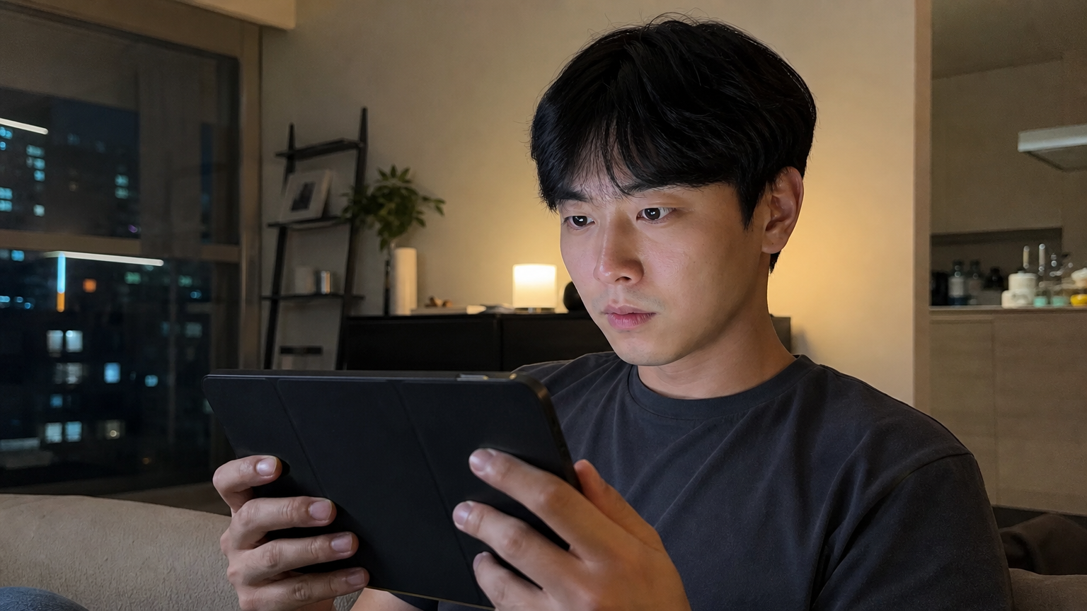 현대 아파트에서 태블릿으로 군대 드라마를 보는 남성