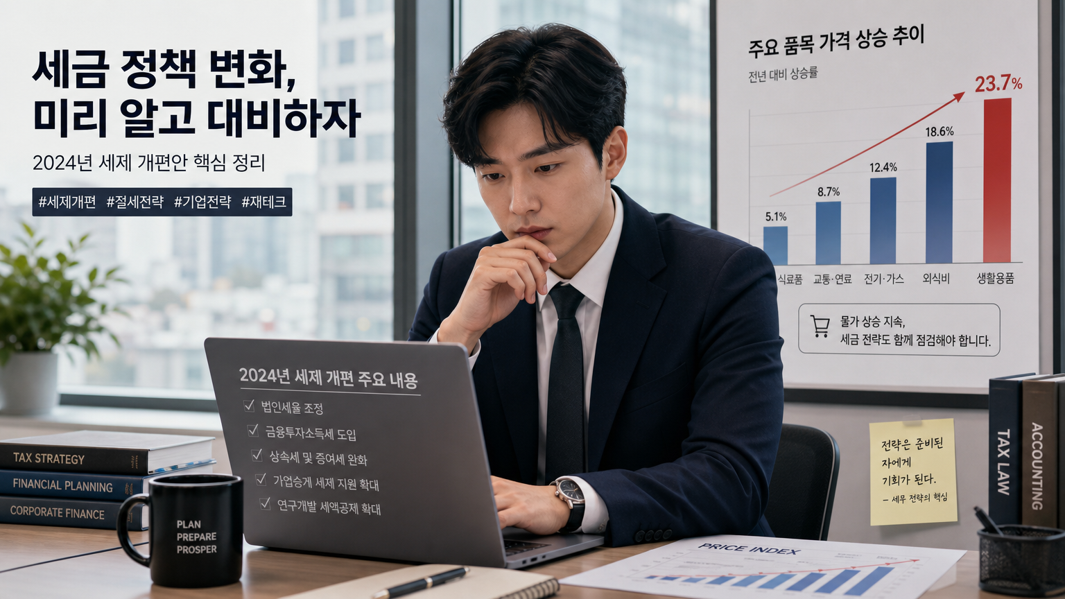 사무실에서 세금 정책 변화를 검토하는 비즈니스맨