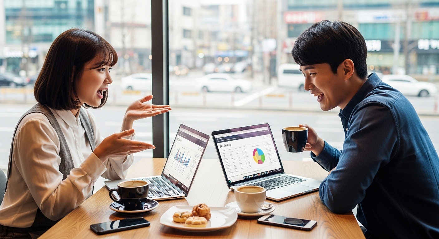 두 명의 젊은 친구들이 카페에서 노트북을 열고 SBTI 테스트 결과를 이야기하는 모습
