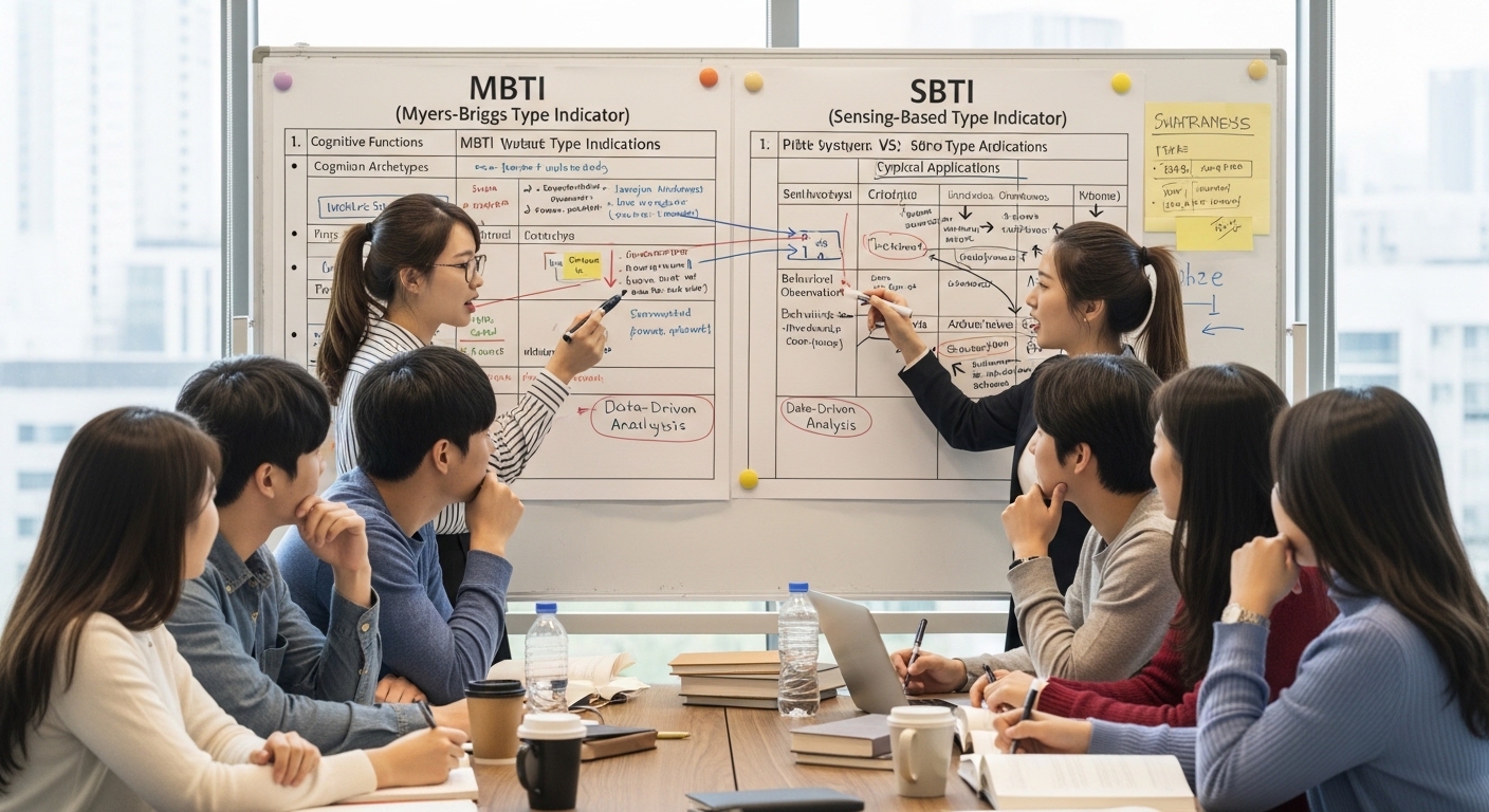 한국 학생들이 스터디 그룹에서 화이트보드 차트를 통해 MBTI와 SBTI의 차이를 분석하며 토론 중인 모습