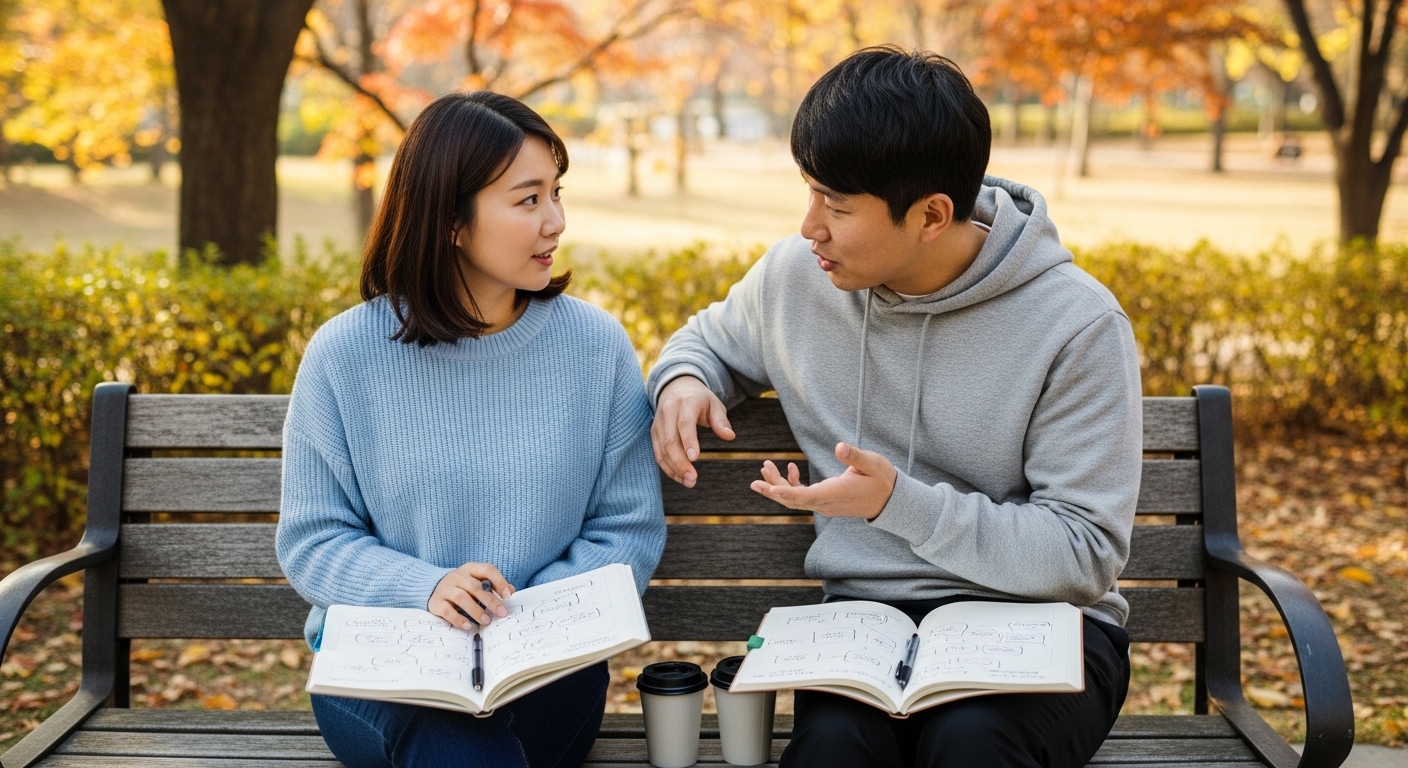 공원 벤치에 앉아 노트북을 펼쳐놓고 다른 성격 유형을 이해하면서 개인 성장에 대해 이야기 나누는 한국 커플