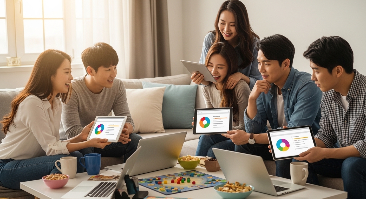 아늑한 아파트에서 다양한 온라인 성격 테스트를 탐험하며 웃고 있는 한국 친구들의 생생한 장면