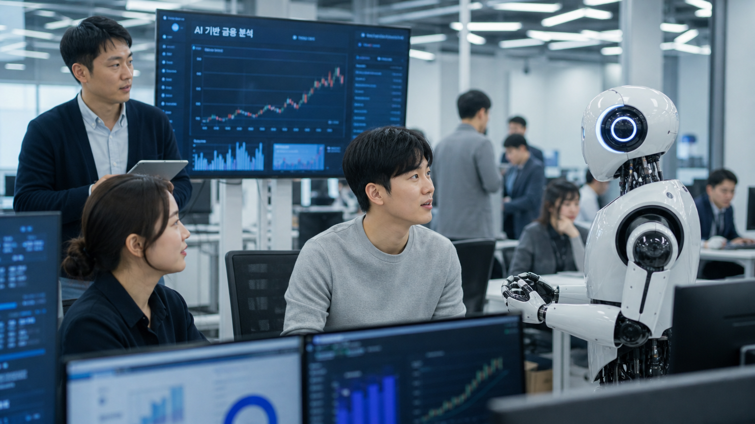 AI 기술과 함께 일하는 한국 직장인들이 바쁜 사무실에서 일하는 모습