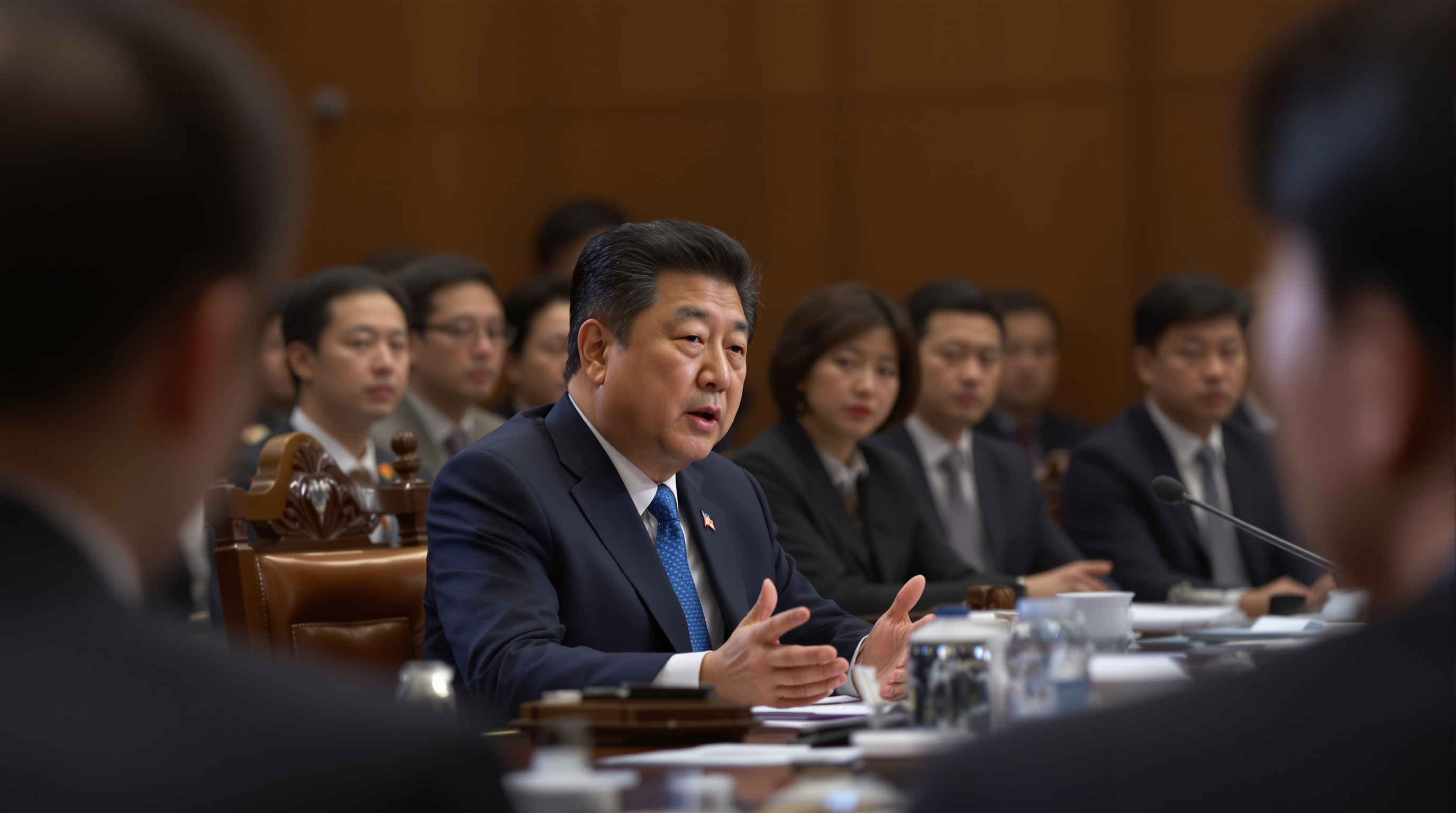 공식 석상에서 역사적 주제에 대해 발언하는 대통령과 청중