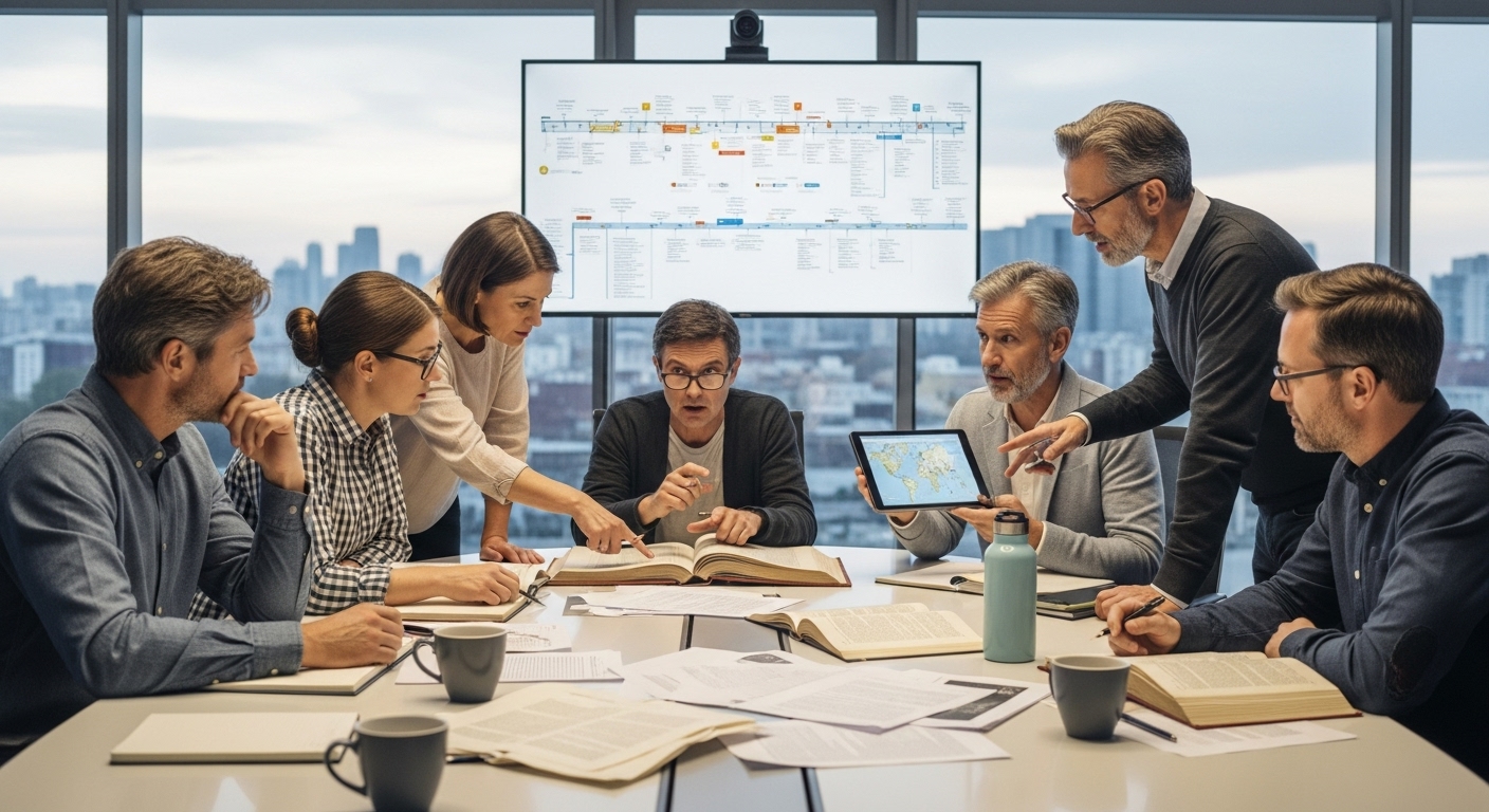 현대 회의실에서 문헌과 증거를 토론하는 학자들