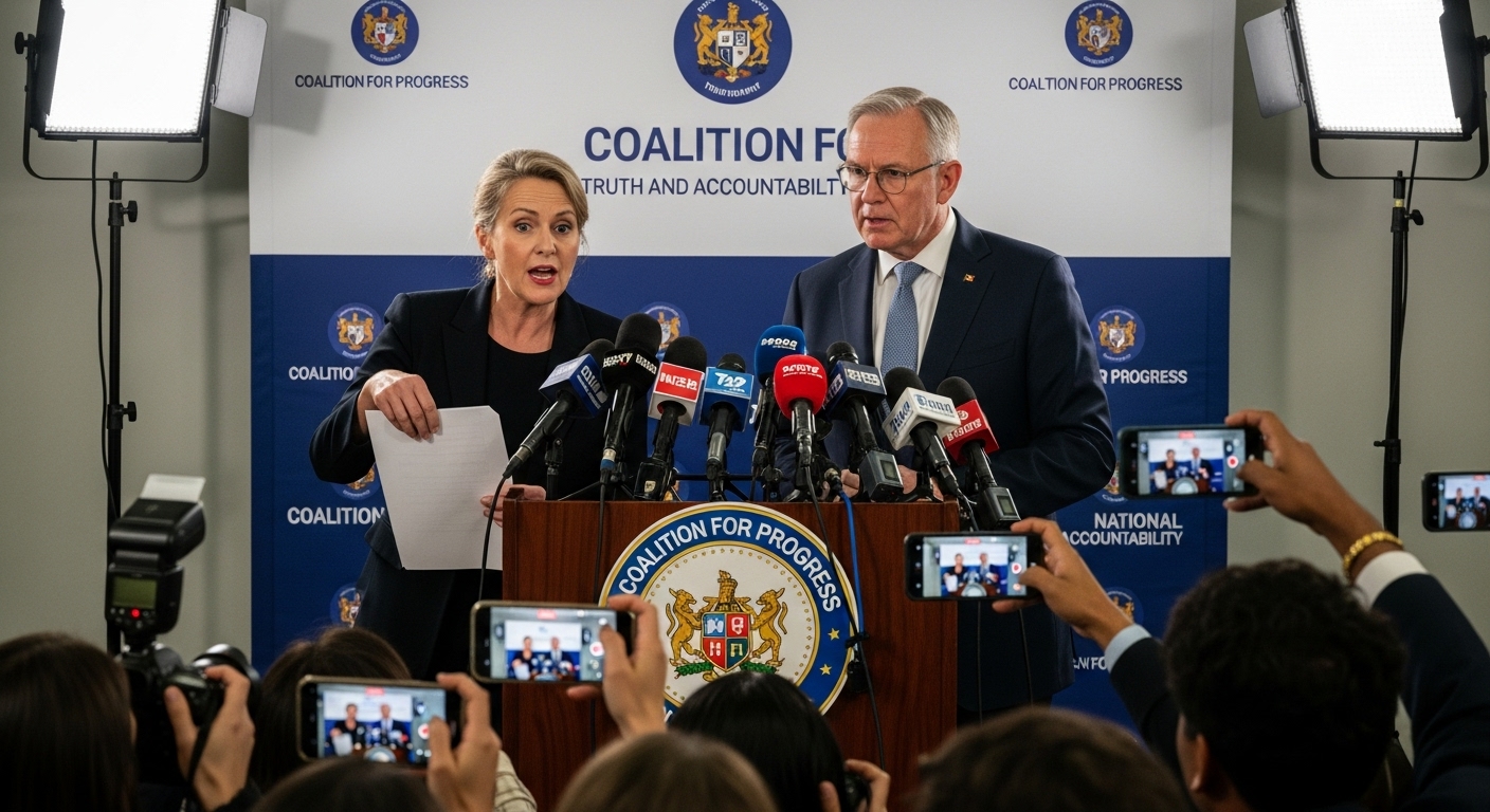 기자회견장에서 대통령 발언을 비판하는 야당 지도자들