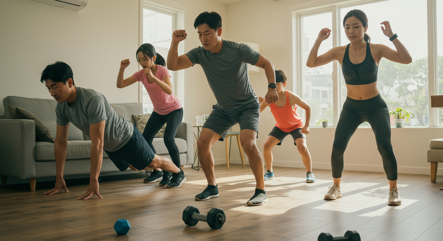 거실에서 함께 HIIT 운동하는 가족
