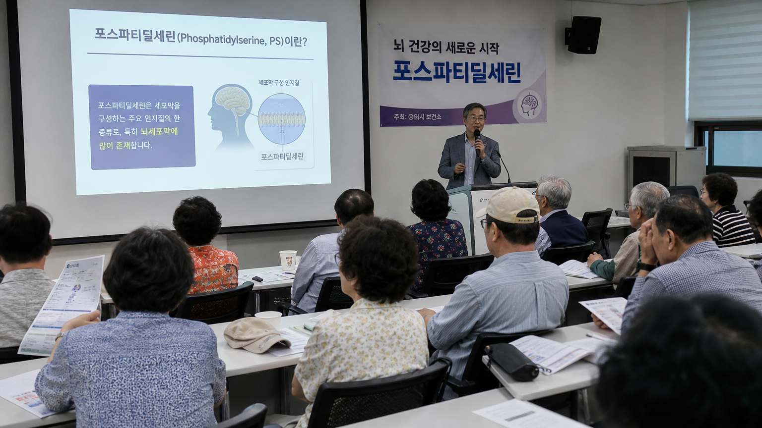 지역 센터에서 포스파티딜세린 강의를 듣는 다양한 연령대의 한국인들