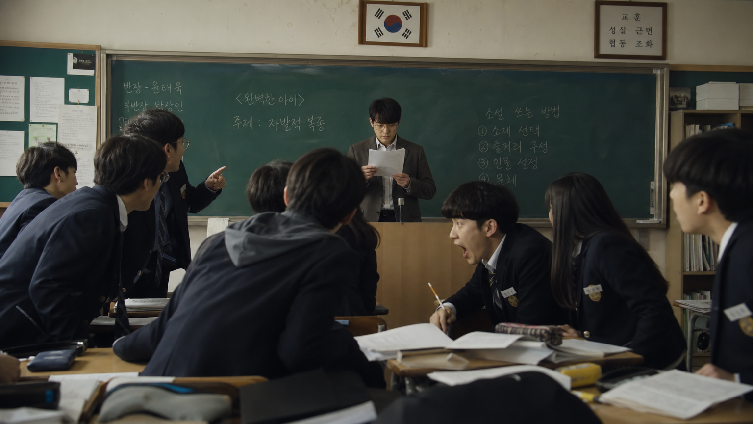 한국 고등학교 교실에서 선생님이 에세이를 읽고 있는 긴장감 있는 장면