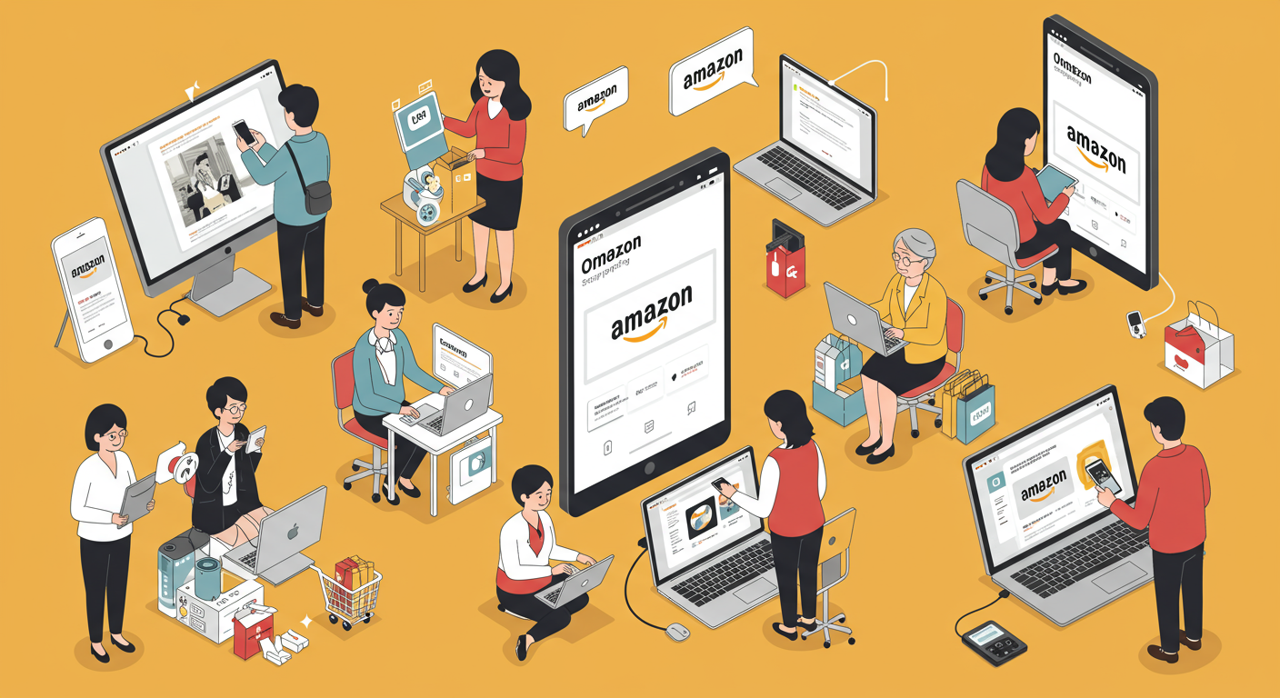 다양한 연령대의 한국 소비자들이 디지털 기기를 사용하여 아마존에서 온라인 쇼핑을 하는 모습