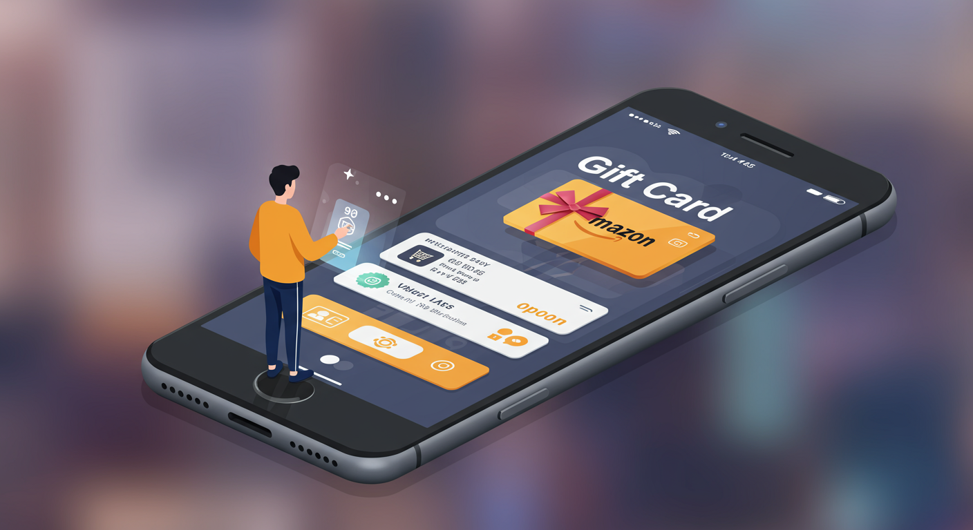 스마트폰 화면에 보이는 디지털 아마존 기프트카드를 사용하는 한국인