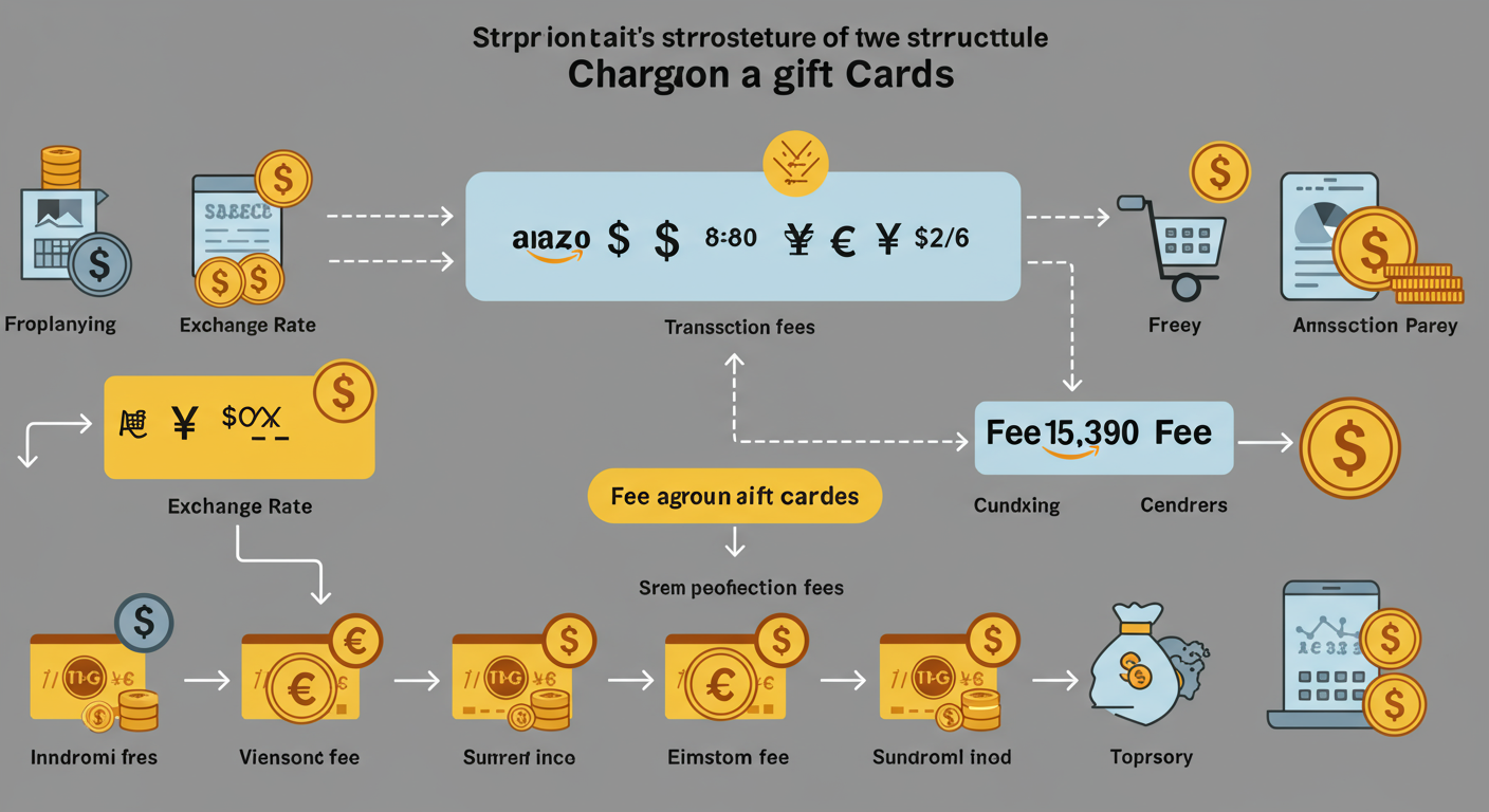 환율 수수료 및 거래 수수료 등 아마존 기프트카드 충전 시 발생하는 다양한 수수료 구조를 보여주는 다이어그램