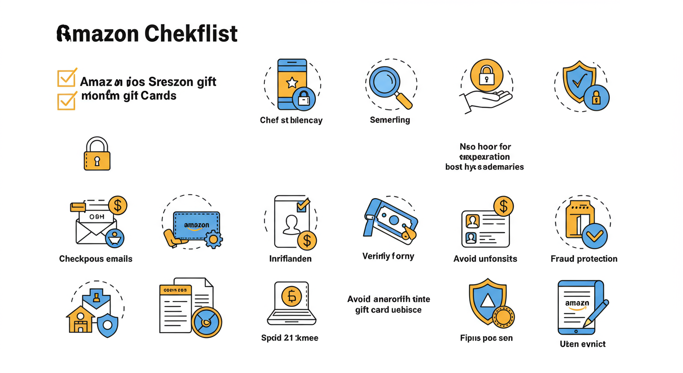 아마존 기프트카드를 안전하게 사용하기 위한 체크리스트 형식의 주의사항 아이콘들