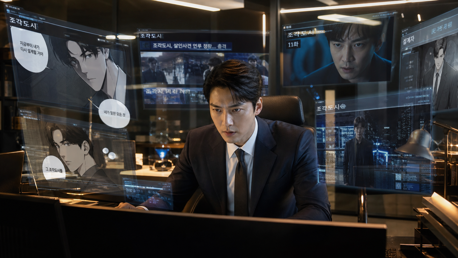 정장을 입고 진지한 표정으로 웹툰과 드라마 화면을 보는 현대적인 직장인