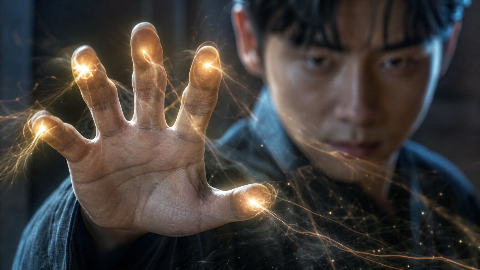 손끝에서 발산되는 에너지 실로 무기와 같은 강력함을 보여주는 모습