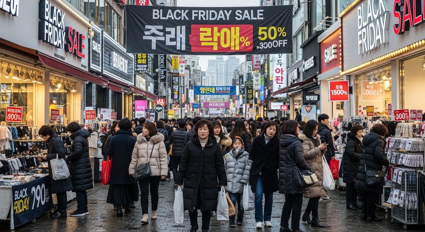 블랙프라이데이에 붐비는 서울의 쇼핑 거리와 세일을 즐기는 사람들