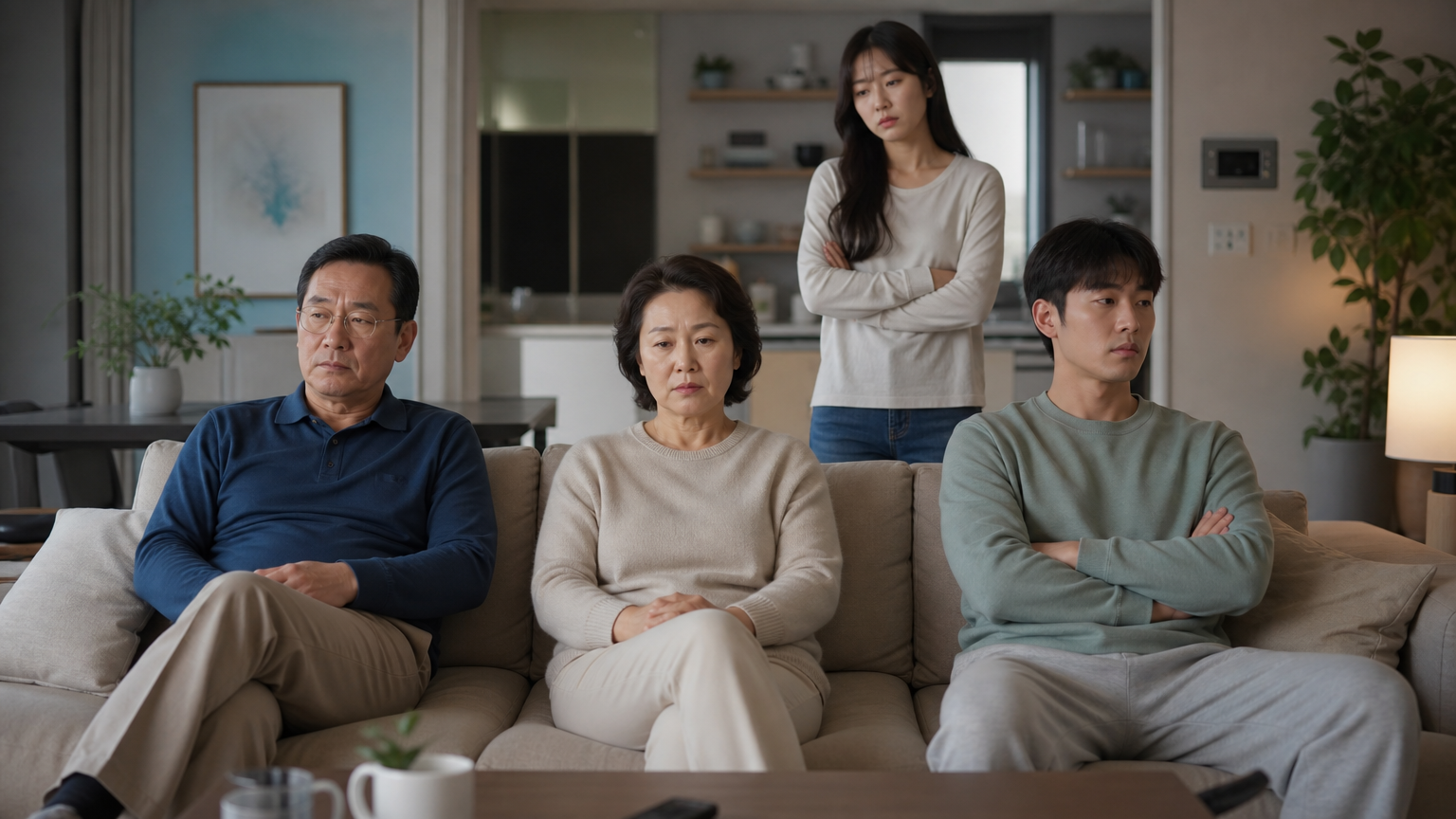 현대 한국 가정에서 긴장이 느껴지는 가족 사진과 해결되지 않은 갈등