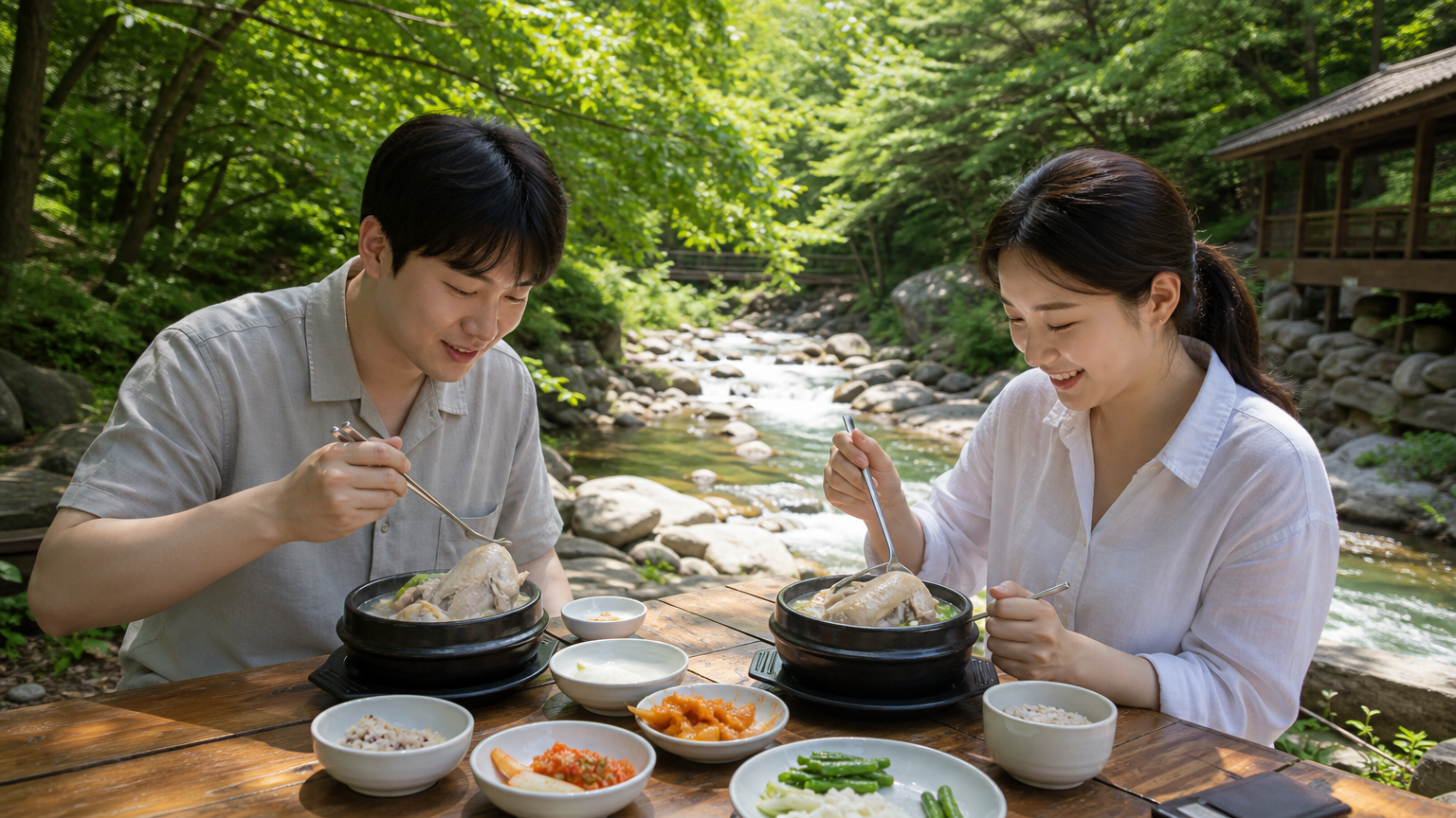포천 계곡에서 자연을 배경으로 삼계탕을 즐기는 모습