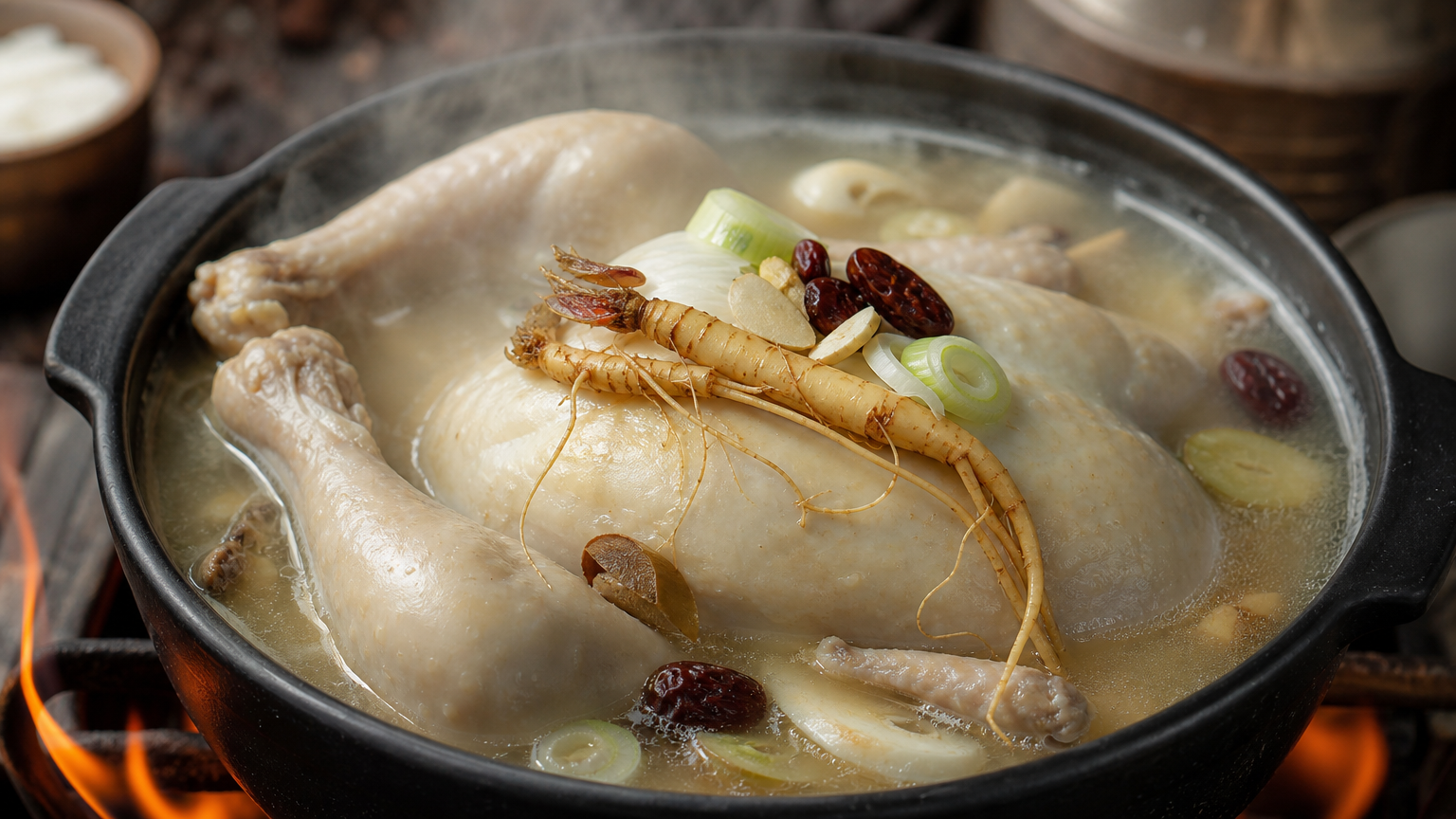 한방 재료가 어우러진 삼계탕이 끓고 있는 모습