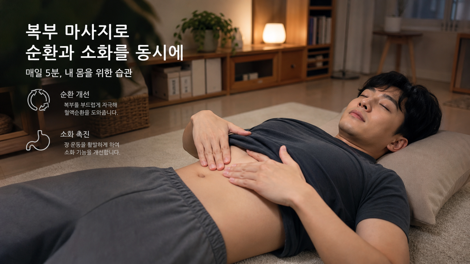 편안한 자세로 복부 마사지를 하며 혈액순환과 소화 개선을 나타내는 한국 남성의 집안 모습