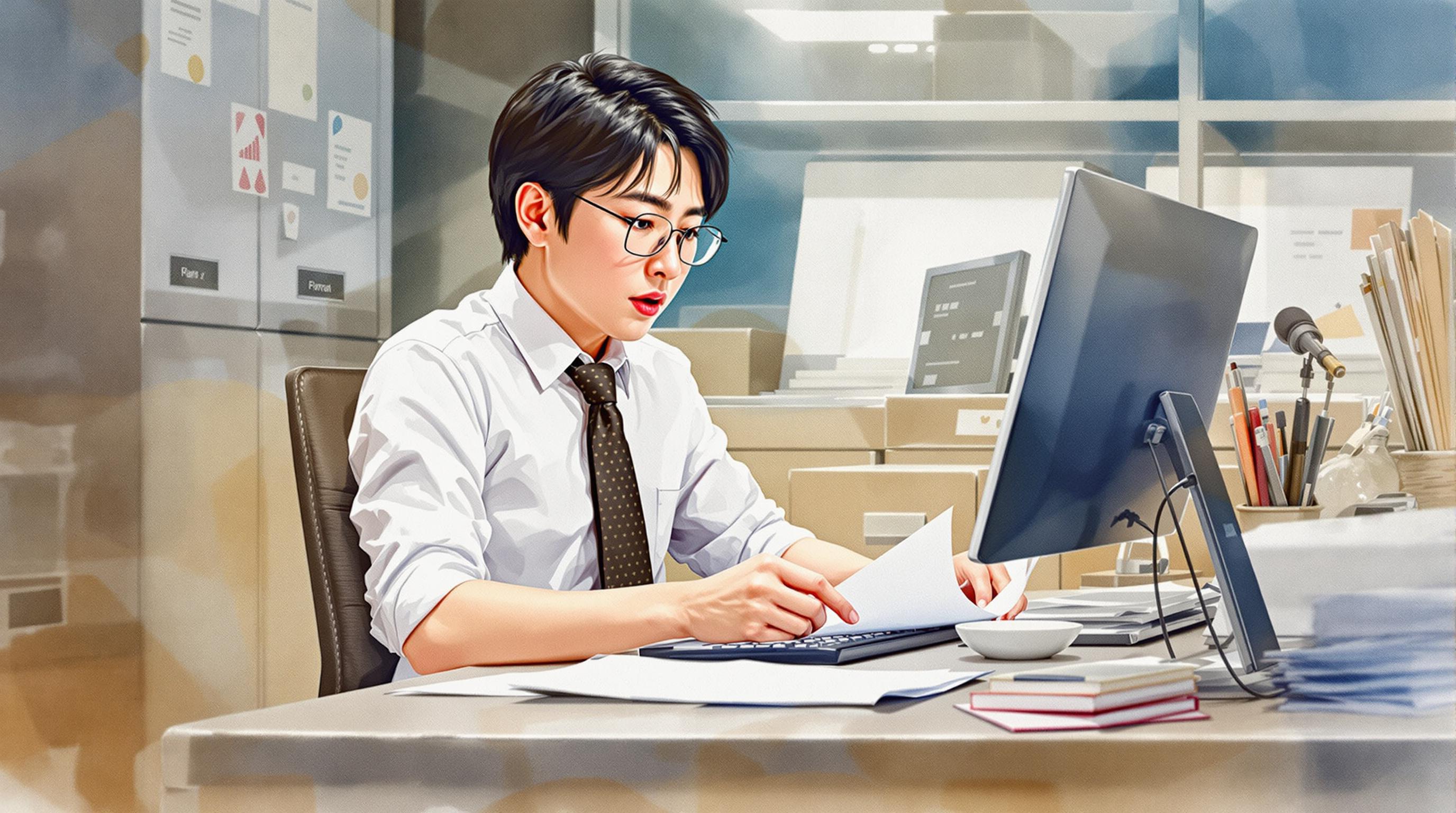 현대적인 사무실에서 서류와 녹음 파일을 검토하는 직장인의 모습