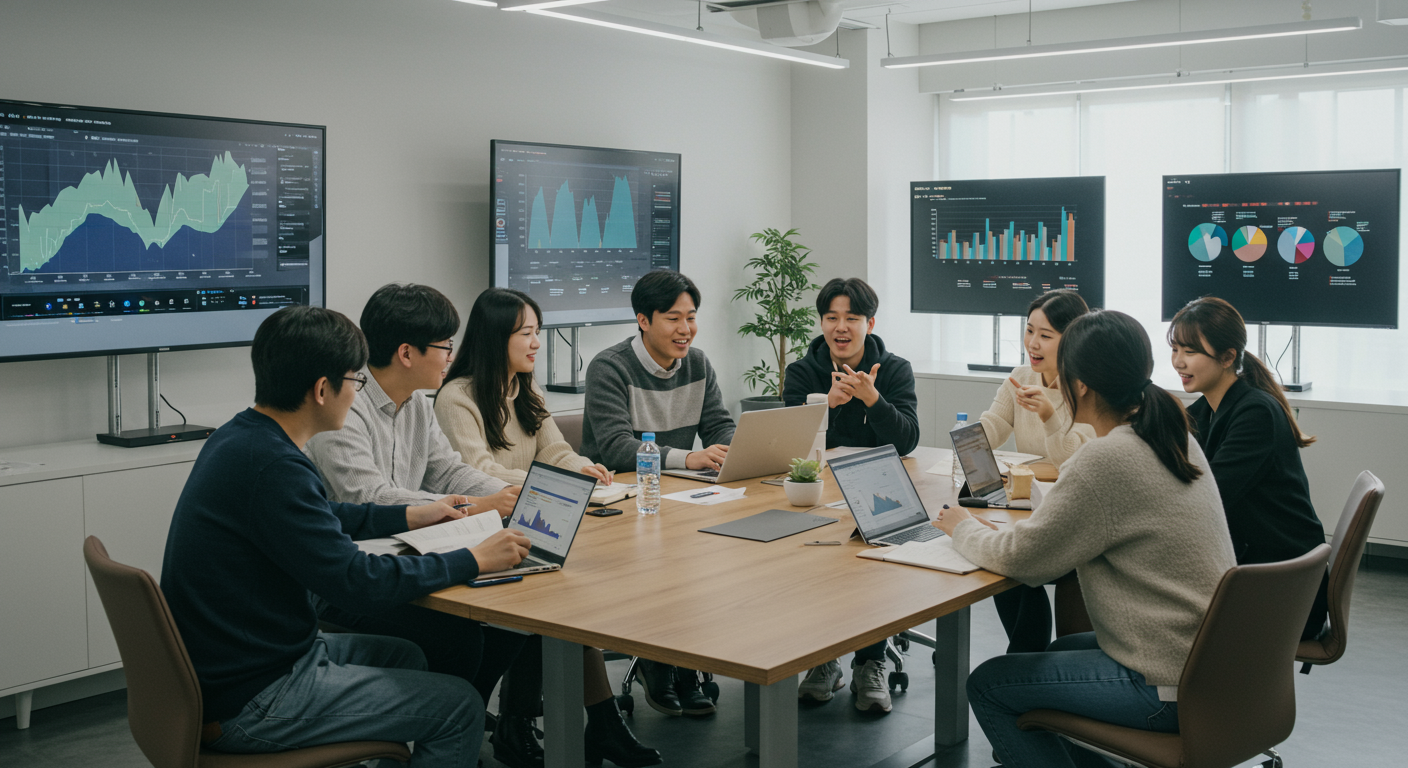 현대식 스터디 룸에서 논문 주제를 두고 토론하는 대학생들