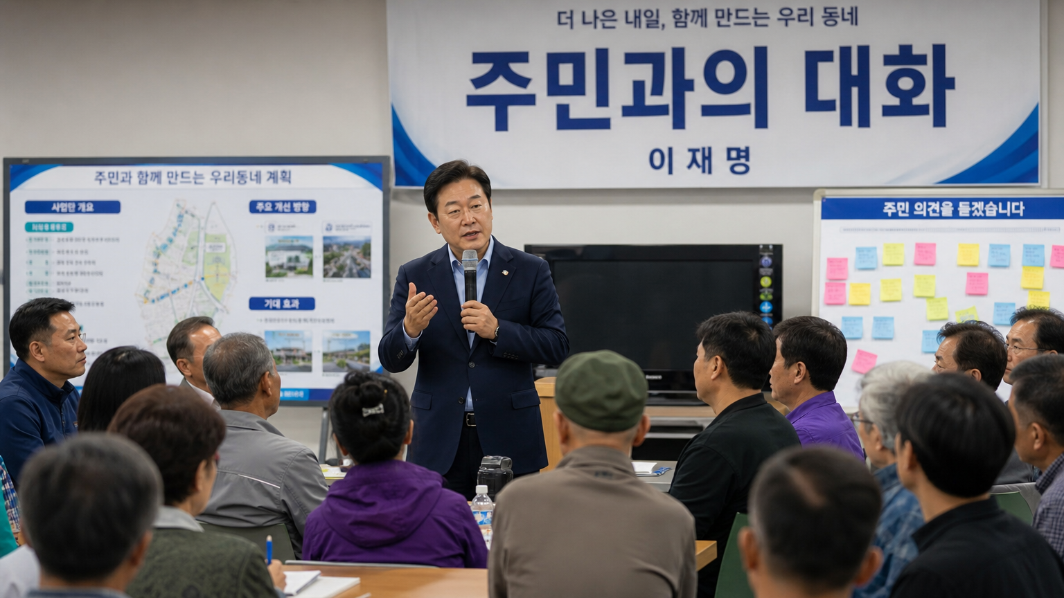 커뮤니티 회의실에서 시민들과 소통하는 한국 정치인 모습
