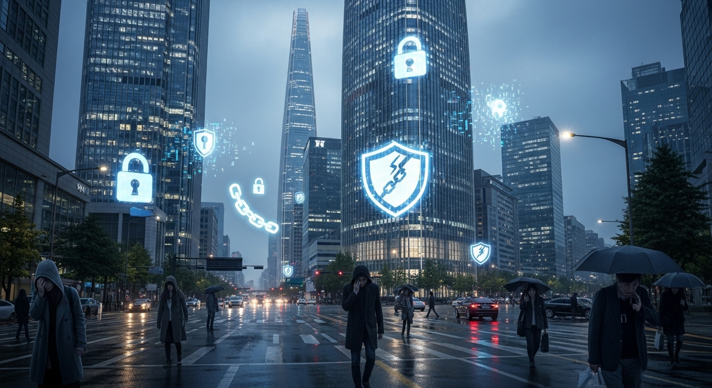 구름 낀 하늘 아래 현대적인 한국 도시 전경과 데이터 유출을 상징하는 디지털 보안 기호들이 떠다니는 모습. 걱정스러운 표정으로 걷고 있는 사람들