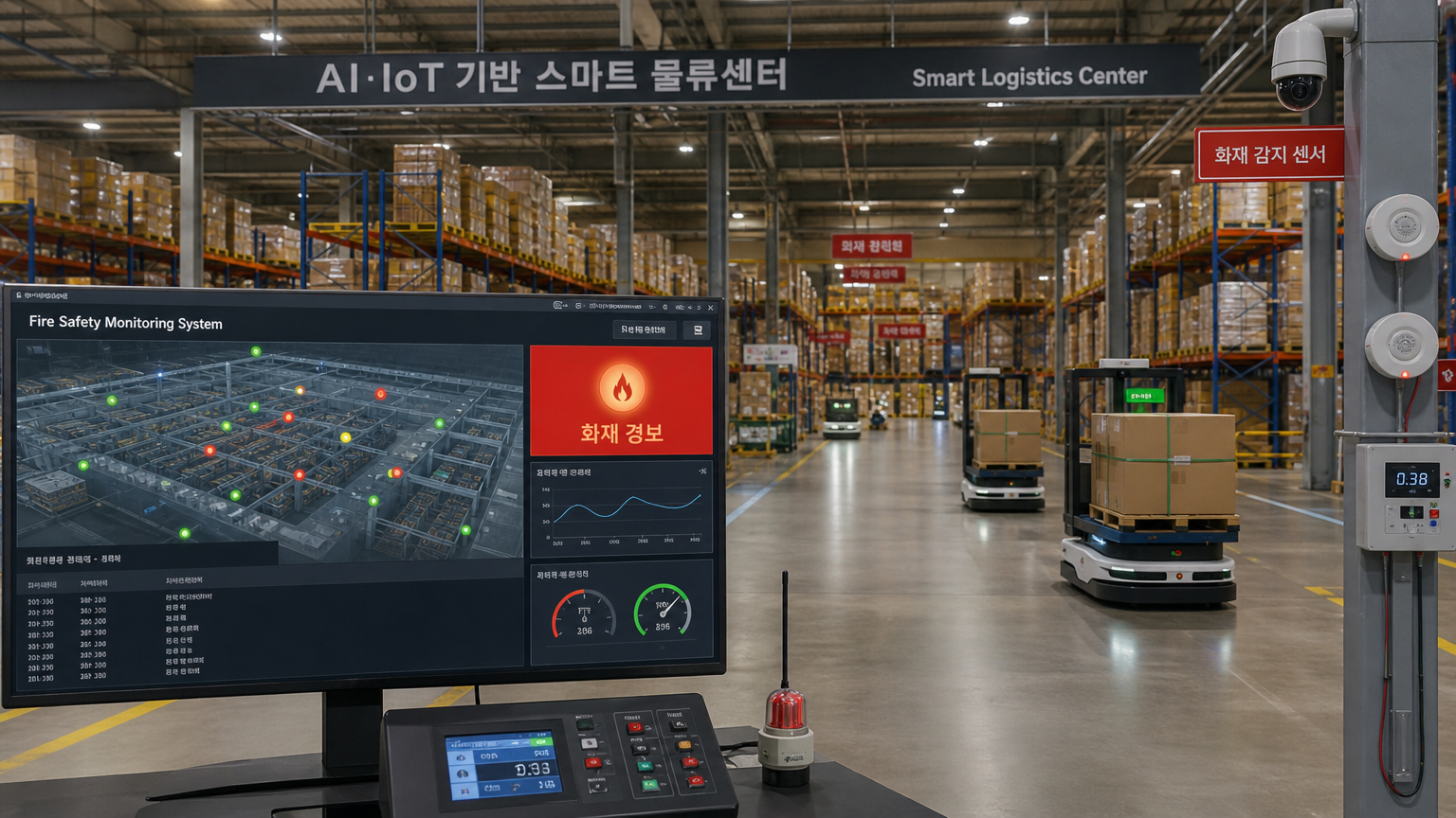 첨단 IoT 센서와 AI 모니터링 시스템을 통해 향상된 화재 감지 및 예방 기술을 사용하는 현대적 한국 물류센터