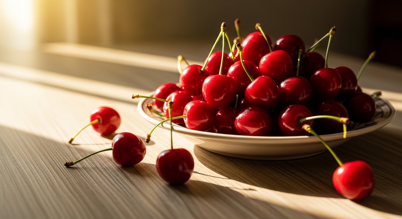 나무 탁자 위에 놓인 신선한 체리가 담긴 그릇