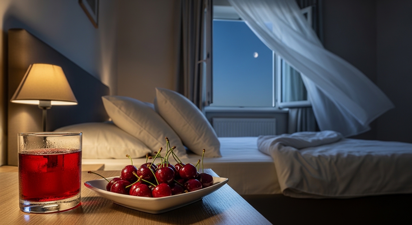 별빛이 비치는 창문 옆 침대 옆 탁자 위 타트체리 주스와 신선한 체리