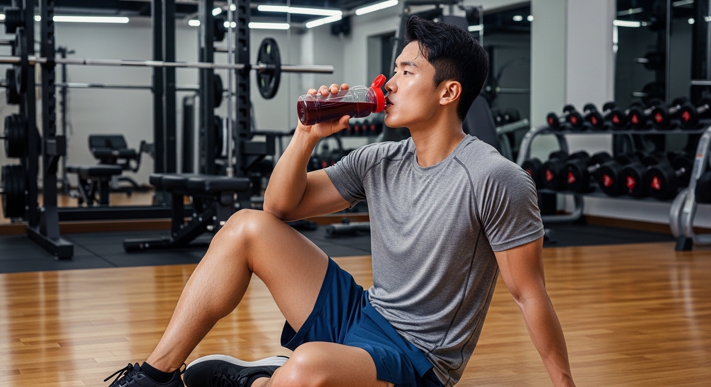 운동 후 체육관 바닥에 앉아 타트체리 주스를 마시는 한국 운동 선수