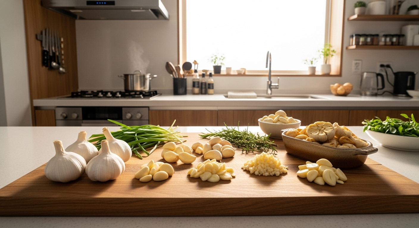 현대적인 한국 주방에서 다양한 방식으로 준비된 생마늘과 익힌 마늘이 있는 모습