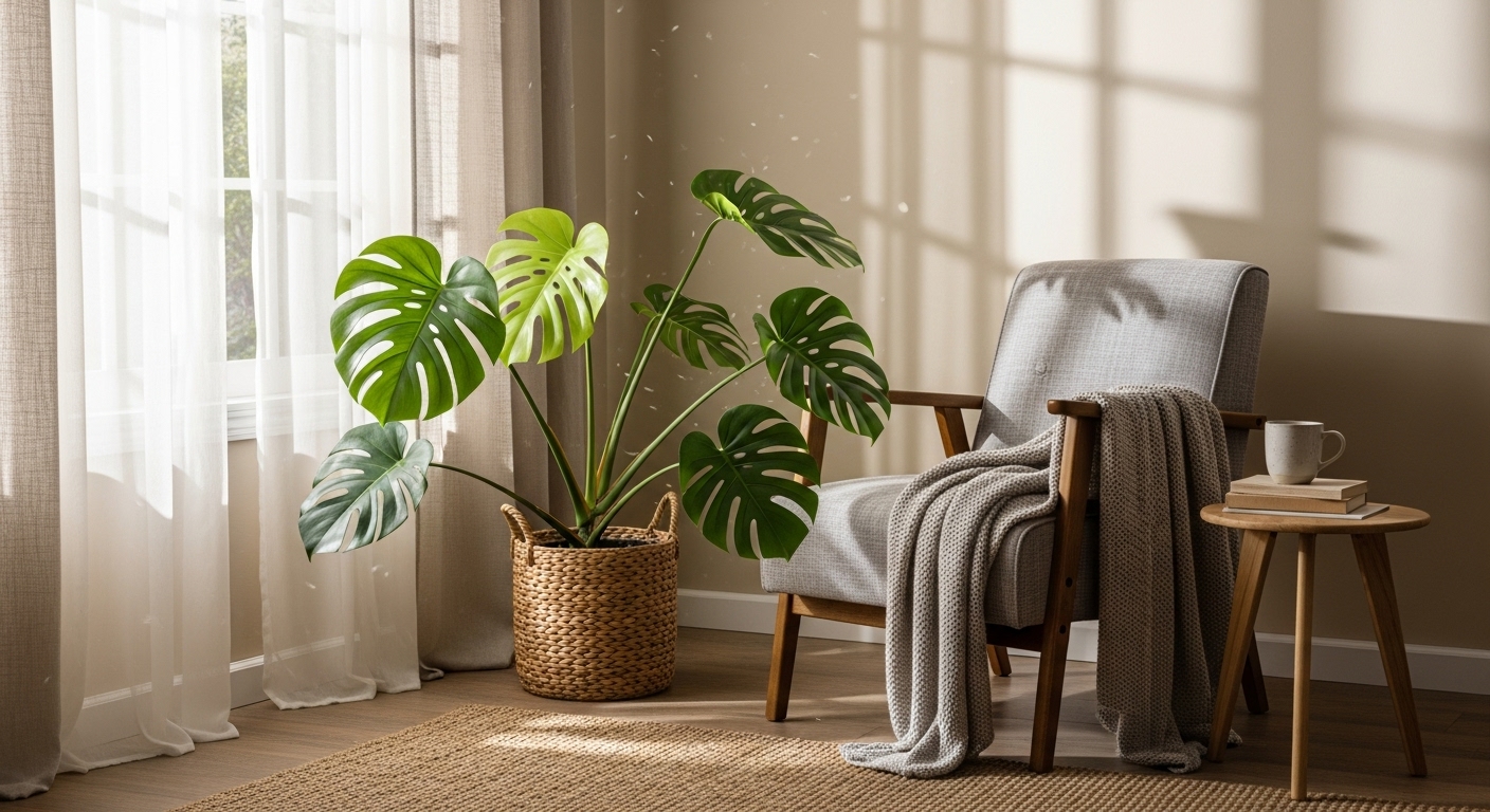 창가에 배치된 푸른 몬스테라가 있는 아늑한 실내 공간