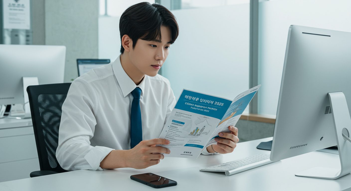 한국 사무실 책상에 앉아 2025년 민생지원금 안내책자를 검토하는 현대적 오피스 근로자 모습