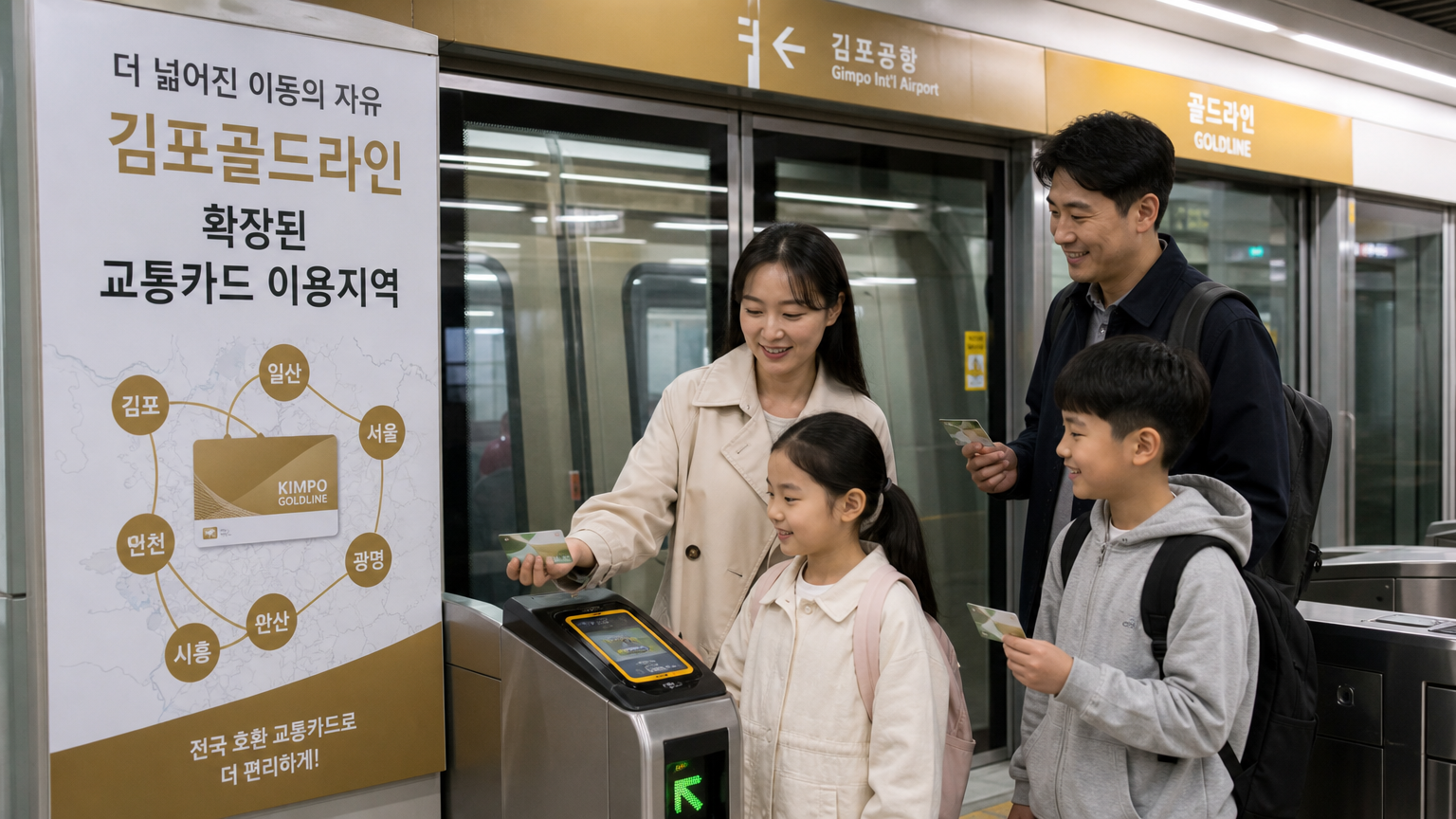 서울 외곽까지 확대된 교통권역으로 김포골드라인에 탑승하는 한국 가족