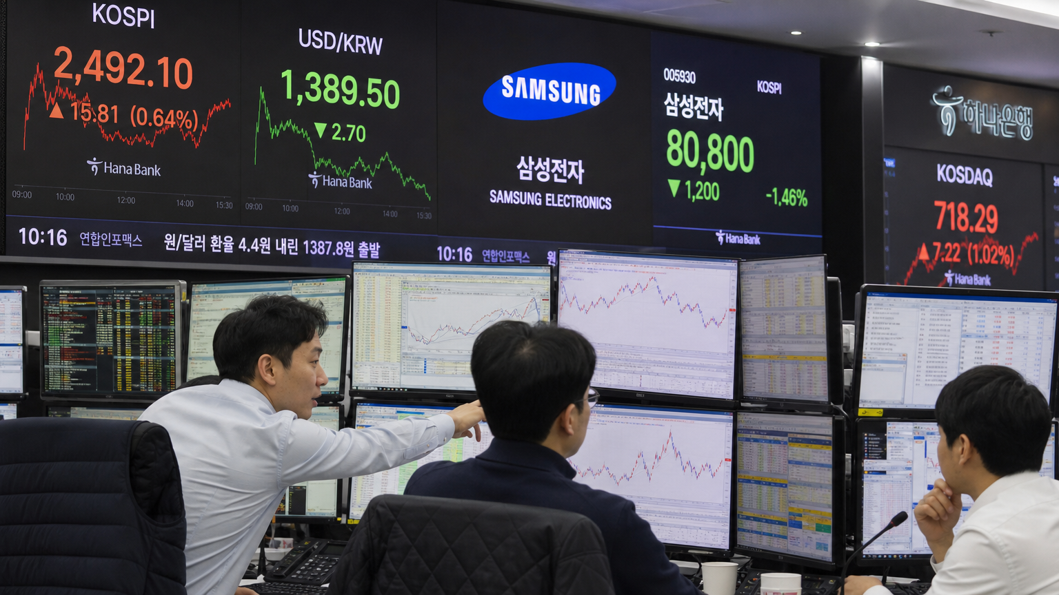 금융 분석가들이 컴퓨터로 삼성전자 주식을 논의하는 한국 증권 시장 장면