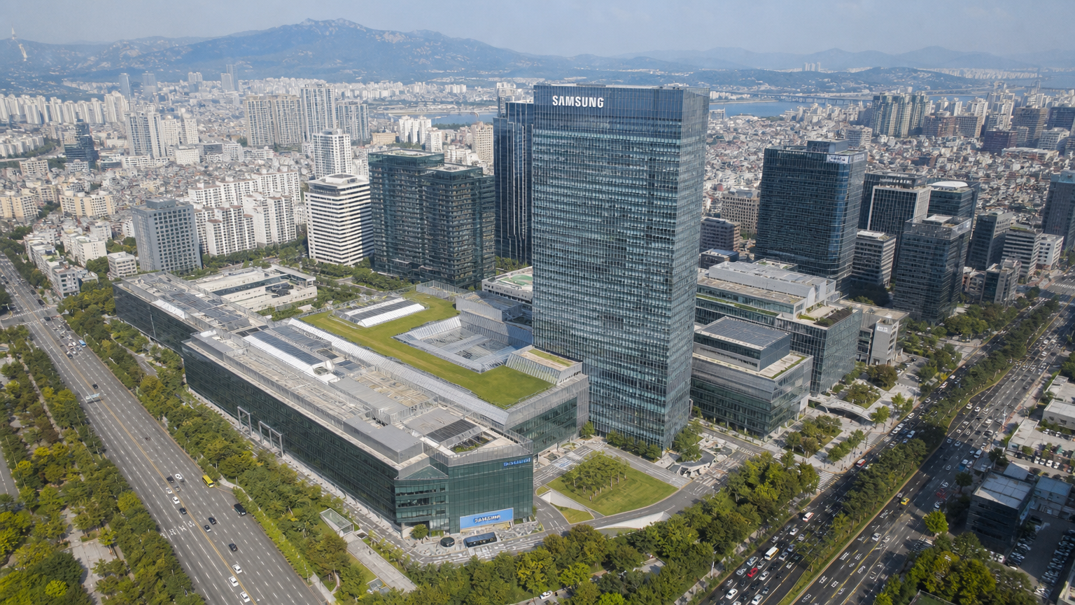 서울에 있는 삼성 본사의 항공 뷰와 번화한 도시 풍경