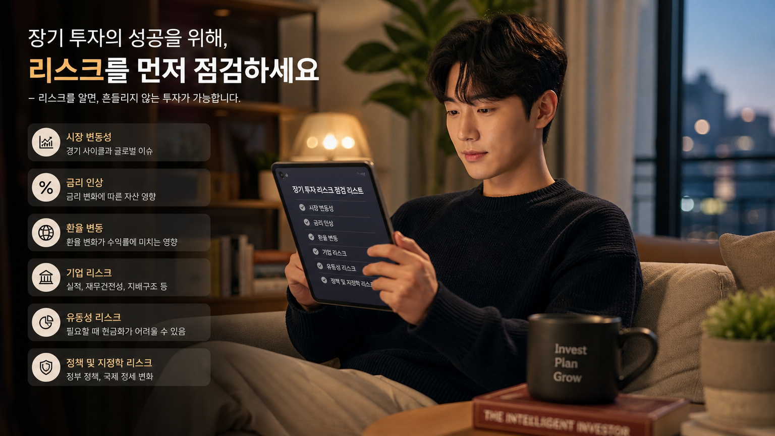 집에서 태블릿 기기로 장기 투자의 리스크 요인을 검토하는 한국인 투자자