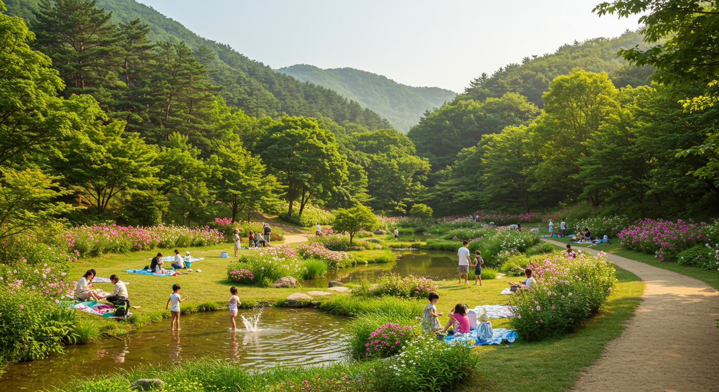 포천시 근처 백운계곡에서 나무 그늘 아래 휴식을 취하는 사람들