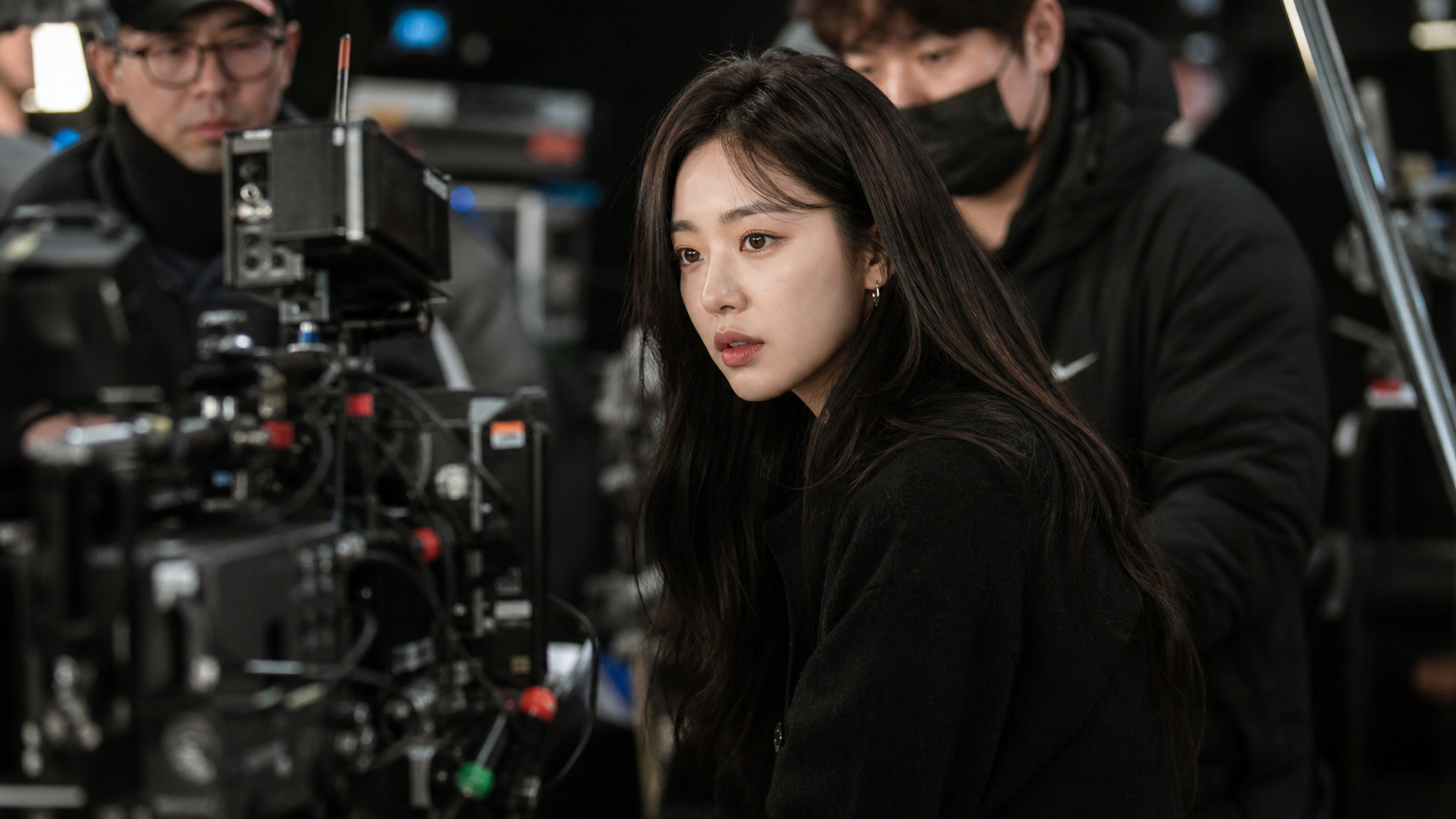 영화 세트장에서 카메라와 스태프들에 둘러싸인 집중한 표정의 배우 모습