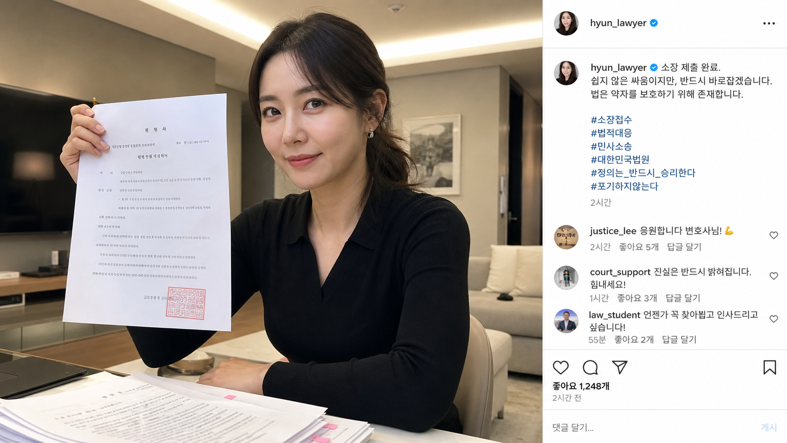 인스타그램에 법적 서류를 게시하며 단호한 표정을 짓고 있는 여성