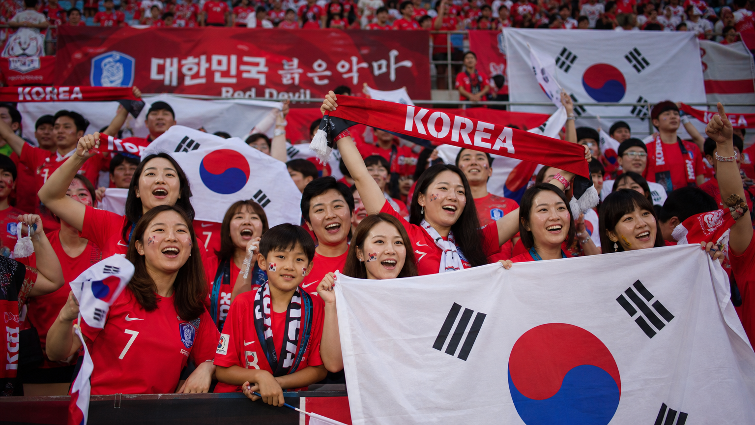 붐비는 경기장에서 깃발을 흔드는 열정적인 한국 축구 서포터즈