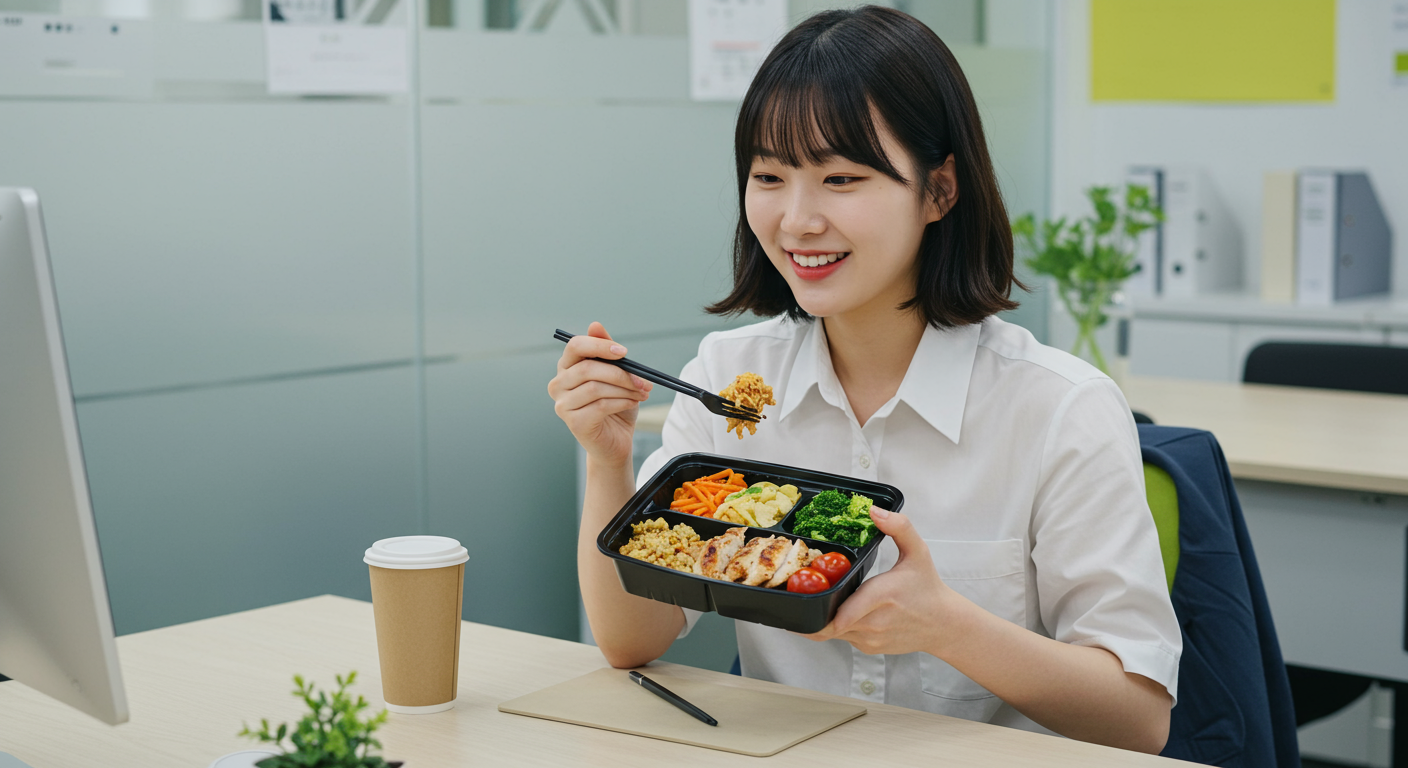 현대적인 사무실에서 고단백 저칼로리 도시락을 즐기는 직장인의 모습