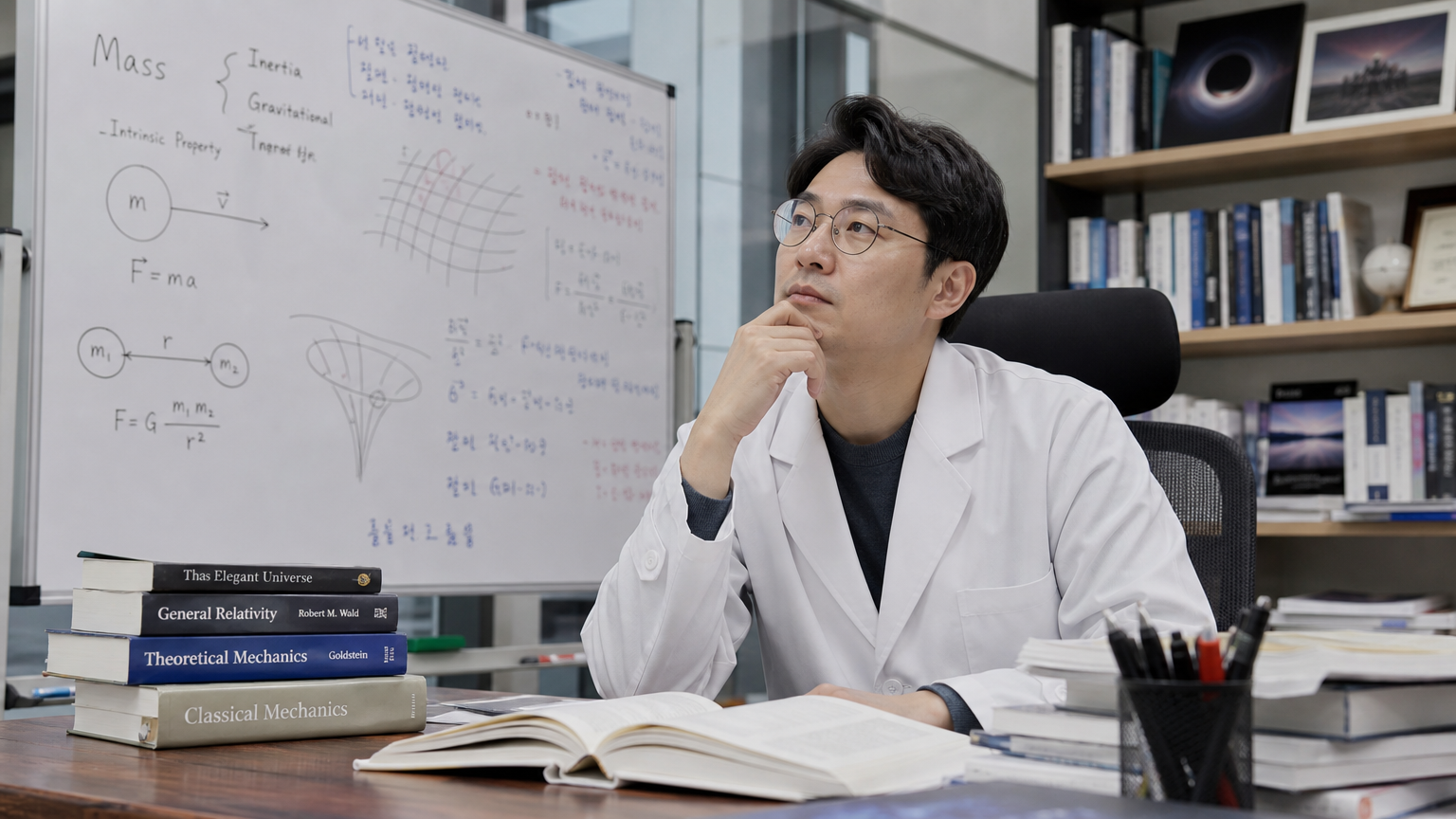 현대적인 사무실에서 질량 개념을 고민하는 한국 과학자의 모습