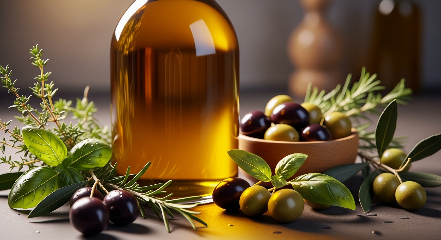 지중해 허브와 올리브로 둘러싸인 황금빛 올리브오일 병 클로즈업